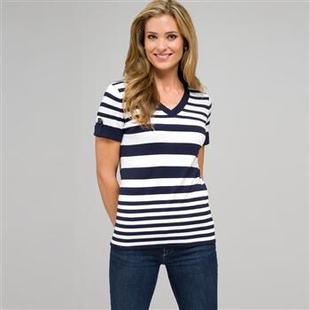 Striped Sleeve V-Neck Roll Cuff Tee x0039, , large