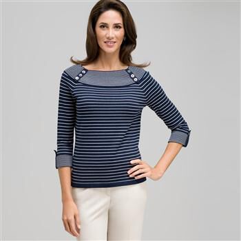 3/4 Sleeve Boat Neck Striped Knit x0077, , large