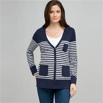 Navy and White Stripped Cardigan x0089, , large